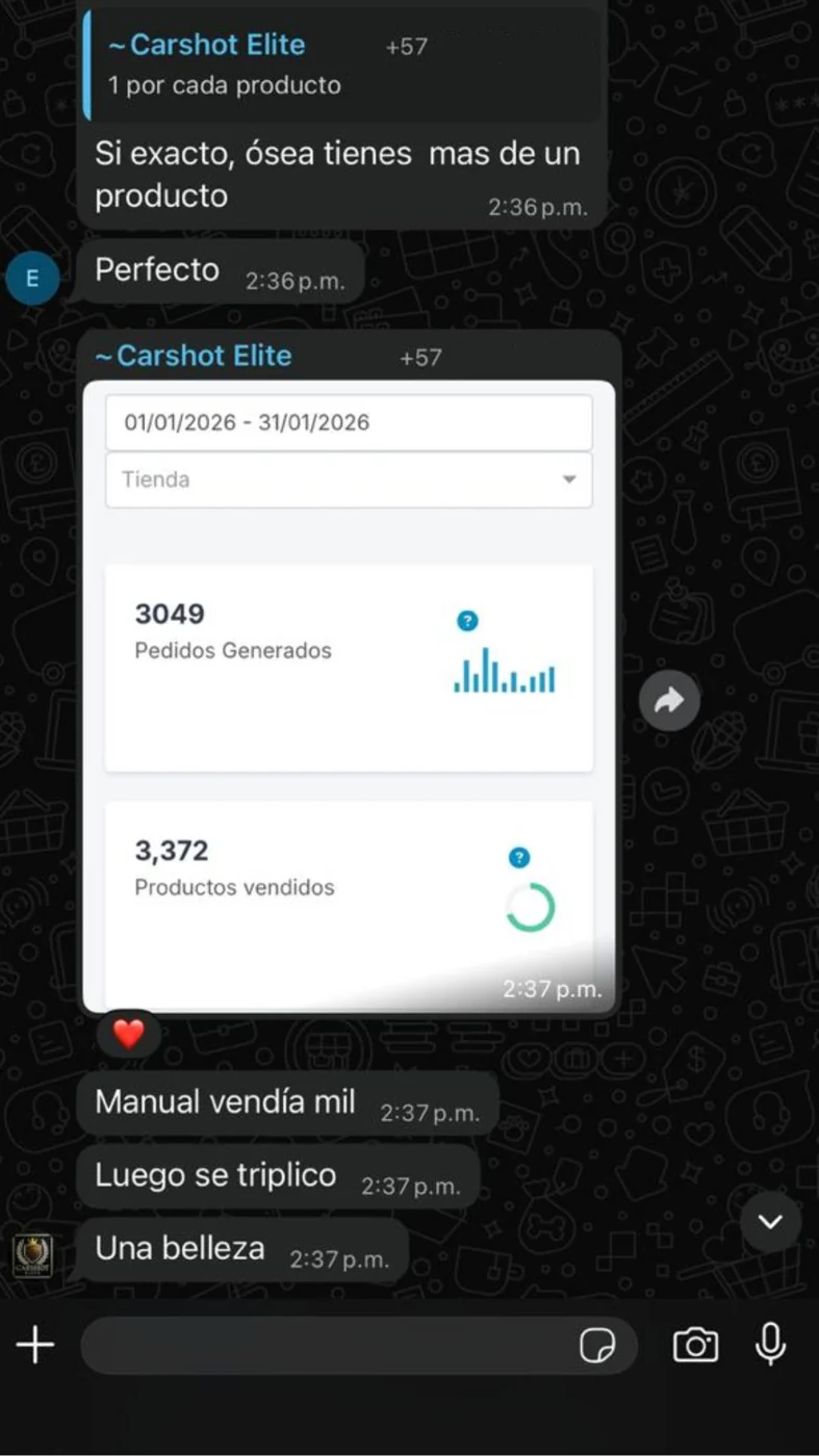 Captura real de WhatsApp con pedidos generados y productos vendidos